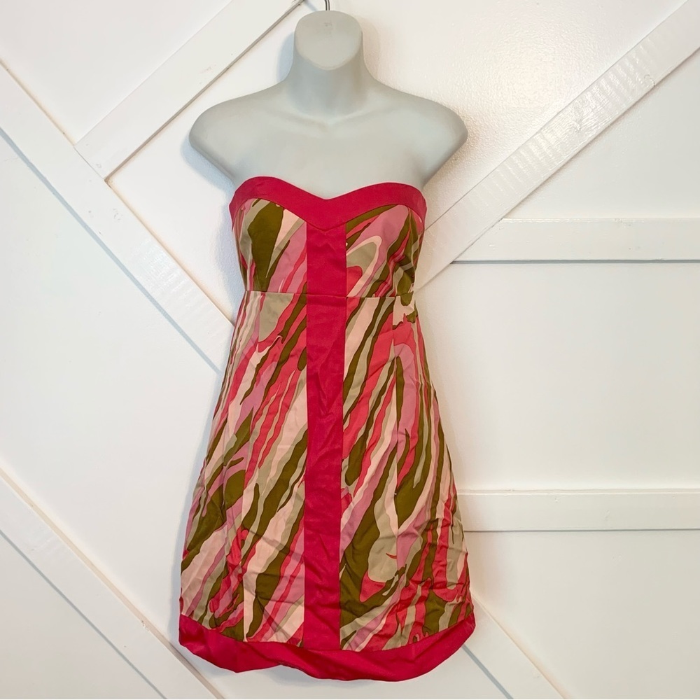 Britt Ryan Camo Printed Strapless Sweetheart Open Back Silk Mini Dress Pink Sz L
